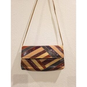VTG 1970s Shades Of Brown Patchwork Snakeskin Shoulder Crossbody Purse Bohemian
